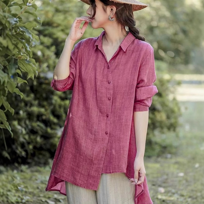 （总）洛兰沙家居馆【只代发】【只代发】 2025新款原创文艺纯色方领不规则天丝棉麻衬衫女春夏新款宽松凉爽上衣