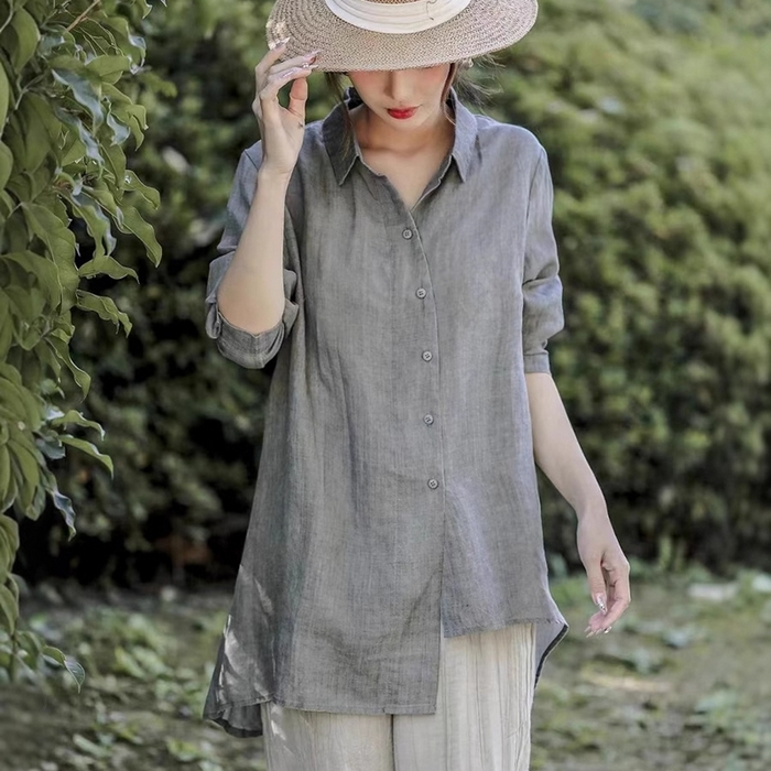 91家纺网 家纺一手货源 找家纺 洛兰沙家居馆【只代发】【只代发】 2025新款原创文艺纯色方领不规则天丝棉麻衬衫女春夏新款宽松凉爽上衣 灰色