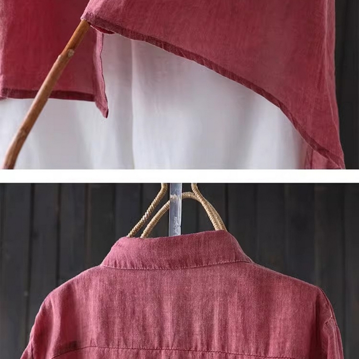 91家纺网 家纺一手货源 找家纺 洛兰沙家居馆【只代发】【只代发】 2025新款原创文艺纯色方领不规则天丝棉麻衬衫女春夏新款宽松凉爽上衣 红色