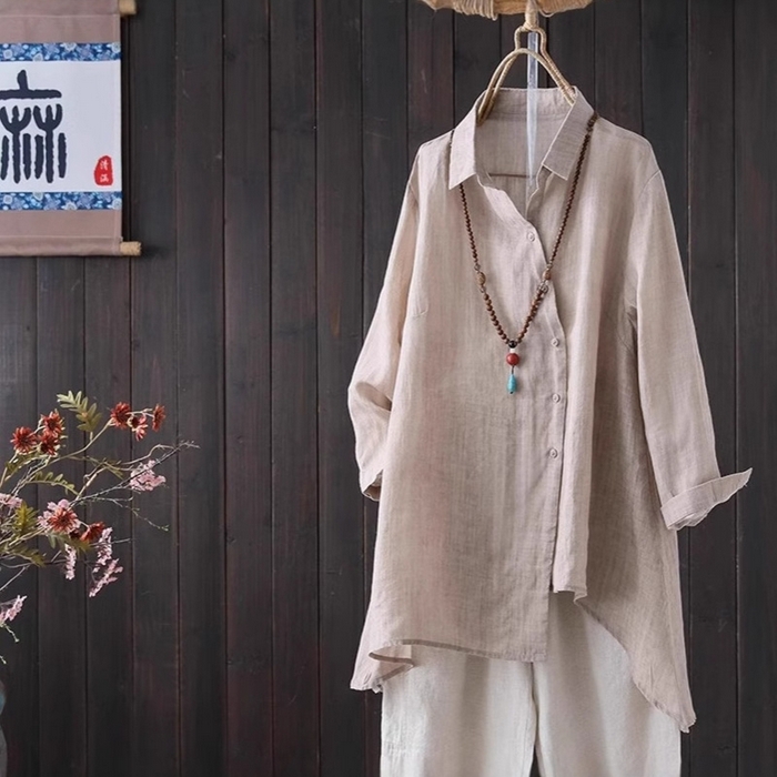 91家纺网 家纺一手货源 找家纺 洛兰沙家居馆【只代发】【只代发】 2025新款原创文艺纯色方领不规则天丝棉麻衬衫女春夏新款宽松凉爽上衣 卡其