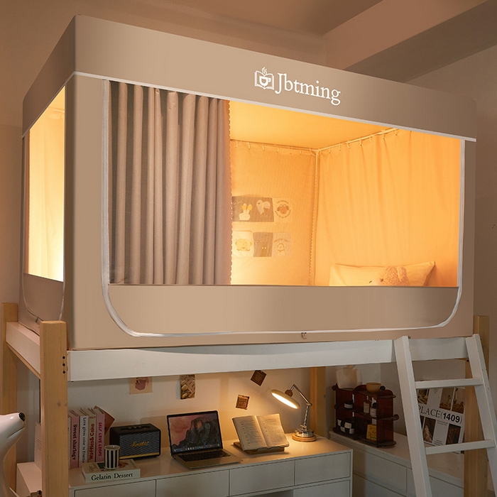 91家纺网 家纺一手货源 找家纺 星际优品 2025新款学生蚊帐遮光床帘植绒环保遮光帘99%遮光-纯色款学生蚊帐 米杏-纯色