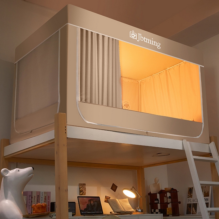 91家纺网 家纺一手货源 找家纺 星际优品 2025新款学生蚊帐遮光床帘植绒环保遮光帘99%遮光-纯色款学生蚊帐 米杏-纯色