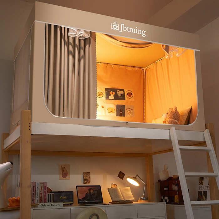 91家纺网 家纺一手货源 找家纺 星际优品 2025新款学生蚊帐遮光床帘植绒环保遮光帘99%遮光-纯色款学生蚊帐 米杏-纯色