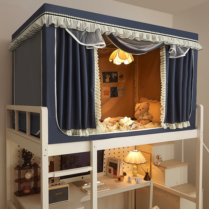 91家纺网 家纺一手货源 找家纺 星际优品 2025新款学生蚊帐遮光床帘植绒环保遮光帘99%遮光-花边款学生蚊帐 花边款-藏青