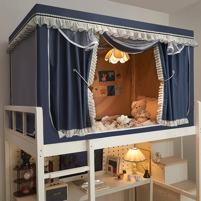 91家纺网 家纺一手货源 找家纺 星际优品 2025新款学生蚊帐遮光床帘植绒环保遮光帘99%遮光-花边款学生蚊帐 花边款-藏青