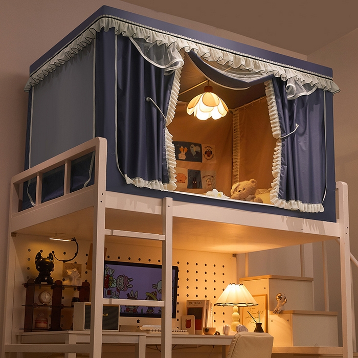 91家纺网 家纺一手货源 找家纺 星际优品 2025新款学生蚊帐遮光床帘植绒环保遮光帘99%遮光-花边款学生蚊帐 花边款-藏青