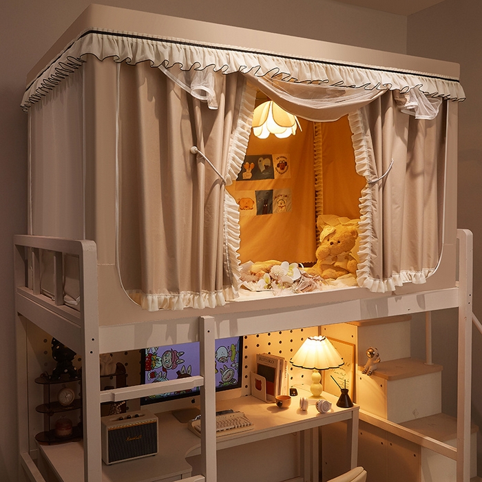 星际优品 2025新款学生蚊帐遮光床帘植绒环保遮光帘99%遮光-花边款学生蚊帐 花边款-米杏