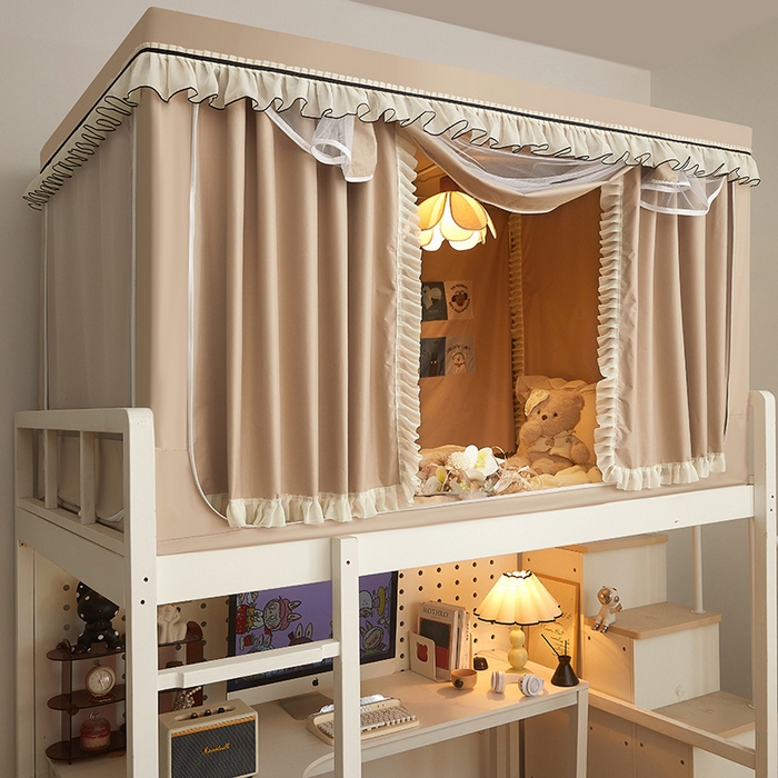 91家纺网 家纺一手货源 找家纺 星际优品 2025新款学生蚊帐遮光床帘植绒环保遮光帘99%遮光-花边款学生蚊帐 花边款-米杏