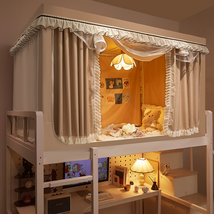 91家纺网 家纺一手货源 找家纺 星际优品 2025新款学生蚊帐遮光床帘植绒环保遮光帘99%遮光-花边款学生蚊帐 花边款-米杏