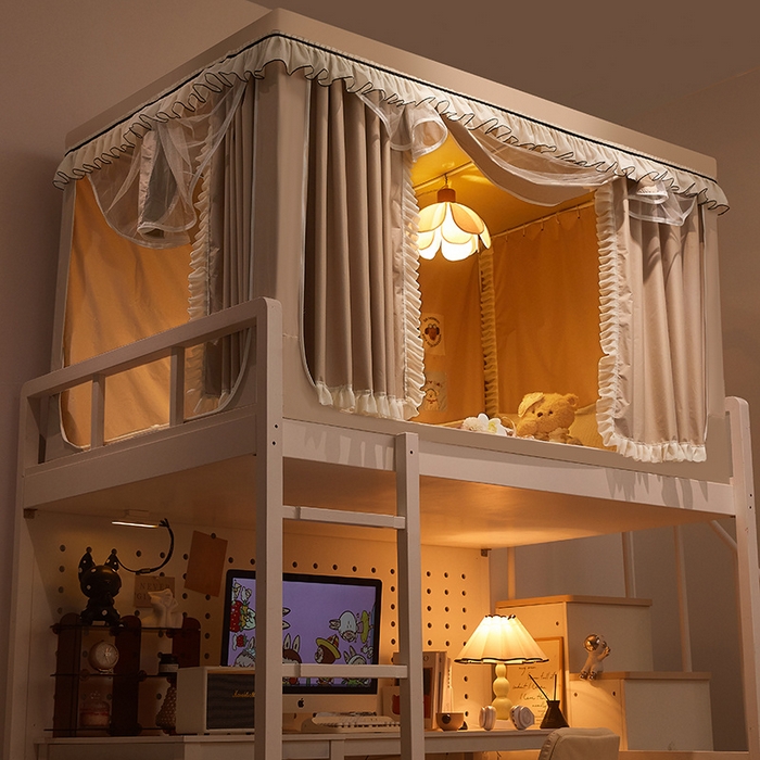 91家纺网 家纺一手货源 找家纺 星际优品 2025新款学生蚊帐遮光床帘植绒环保遮光帘99%遮光-花边款学生蚊帐 花边款-米杏