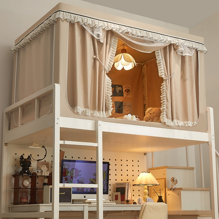 91家纺网 家纺一手货源 找家纺 星际优品 2025新款学生蚊帐遮光床帘植绒环保遮光帘99%遮光-花边款学生蚊帐 花边款-米杏