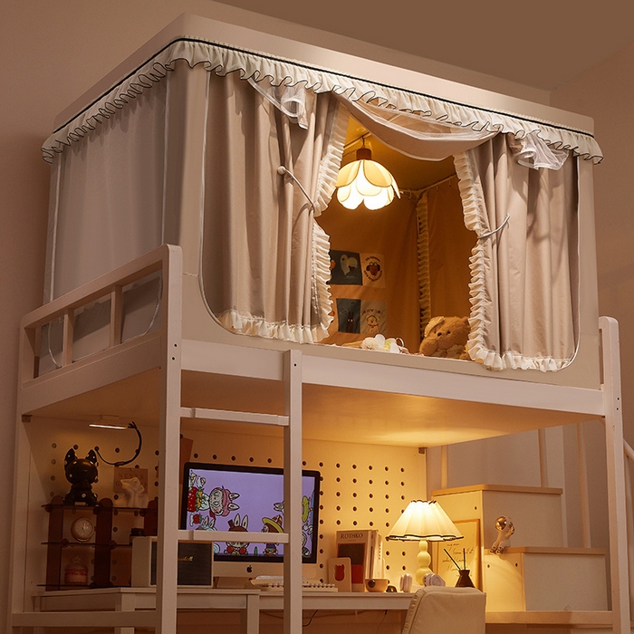 91家纺网 家纺一手货源 找家纺 星际优品 2025新款学生蚊帐遮光床帘植绒环保遮光帘99%遮光-花边款学生蚊帐 花边款-米杏