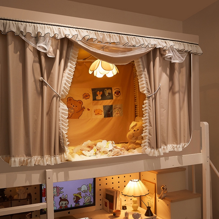 91家纺网 家纺一手货源 找家纺 星际优品 2025新款学生蚊帐遮光床帘植绒环保遮光帘99%遮光-花边款学生蚊帐 花边款-米杏