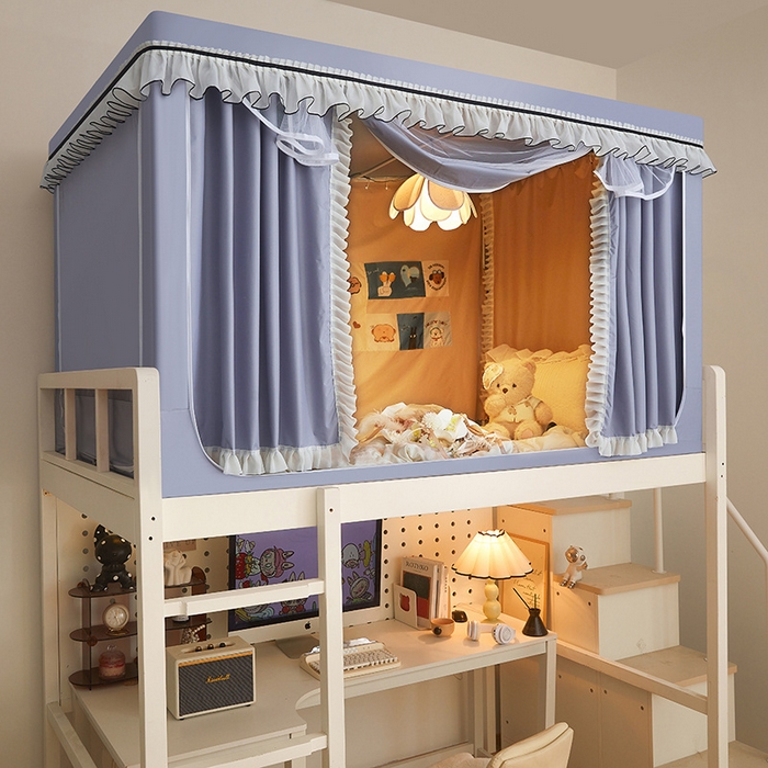 91家纺网 家纺一手货源 找家纺 星际优品 2025新款学生蚊帐遮光床帘植绒环保遮光帘99%遮光-花边款学生蚊帐 花边款-浅银灰