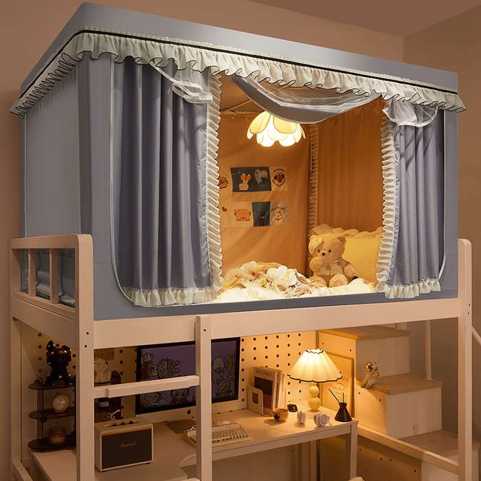 91家纺网 家纺一手货源 找家纺 星际优品 2025新款学生蚊帐遮光床帘植绒环保遮光帘99%遮光-花边款学生蚊帐 花边款-浅银灰