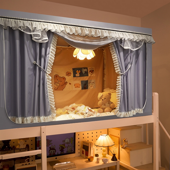 91家纺网 家纺一手货源 找家纺 星际优品 2025新款学生蚊帐遮光床帘植绒环保遮光帘99%遮光-花边款学生蚊帐 花边款-浅银灰