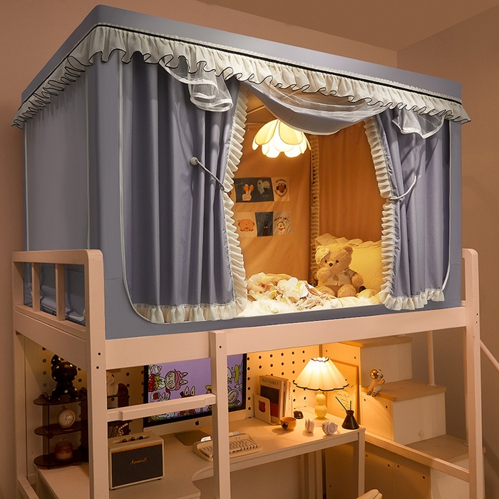 91家纺网 家纺一手货源 找家纺 星际优品 2025新款学生蚊帐遮光床帘植绒环保遮光帘99%遮光-花边款学生蚊帐 花边款-浅银灰