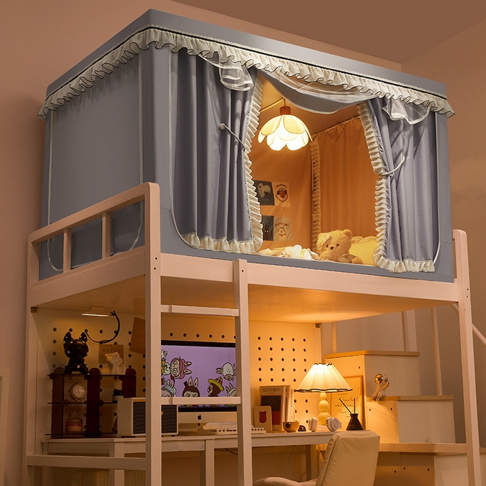 91家纺网 家纺一手货源 找家纺 星际优品 2025新款学生蚊帐遮光床帘植绒环保遮光帘99%遮光-花边款学生蚊帐 花边款-浅银灰