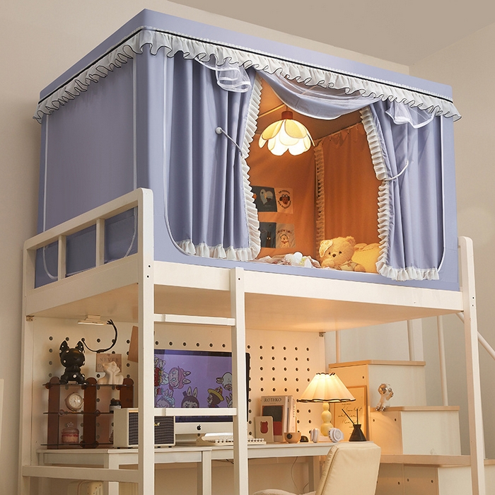 91家纺网 家纺一手货源 找家纺 星际优品 2025新款学生蚊帐遮光床帘植绒环保遮光帘99%遮光-花边款学生蚊帐 花边款-浅银灰