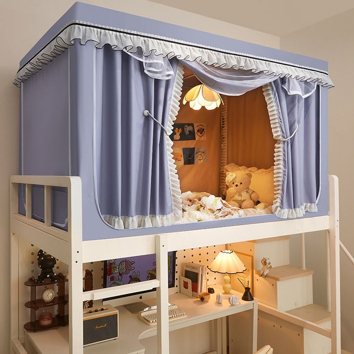 91家纺网 家纺一手货源 找家纺 星际优品 2025新款学生蚊帐遮光床帘植绒环保遮光帘99%遮光-花边款学生蚊帐 花边款-浅银灰