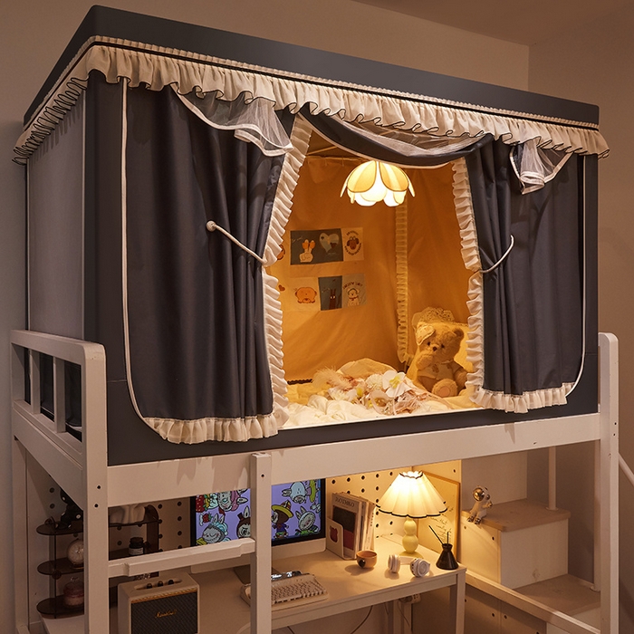 星际优品 2025新款学生蚊帐遮光床帘植绒环保遮光帘99%遮光-花边款学生蚊帐 花边款-深灰