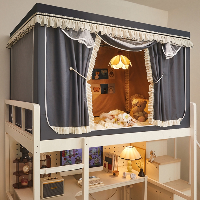 91家纺网 家纺一手货源 找家纺 星际优品 2025新款学生蚊帐遮光床帘植绒环保遮光帘99%遮光-花边款学生蚊帐 花边款-深灰