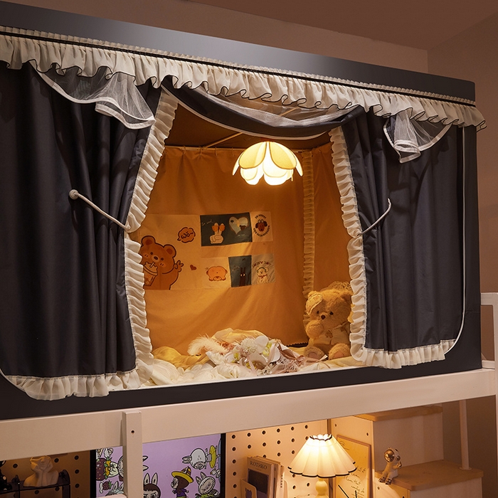 91家纺网 家纺一手货源 找家纺 星际优品 2025新款学生蚊帐遮光床帘植绒环保遮光帘99%遮光-花边款学生蚊帐 花边款-深灰