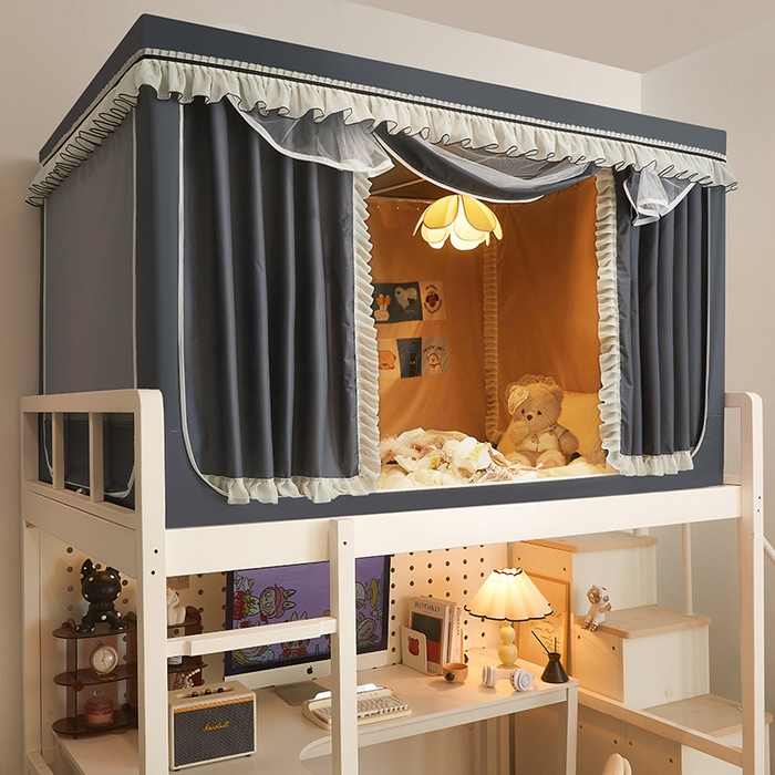 91家纺网 家纺一手货源 找家纺 星际优品 2025新款学生蚊帐遮光床帘植绒环保遮光帘99%遮光-花边款学生蚊帐 花边款-深灰