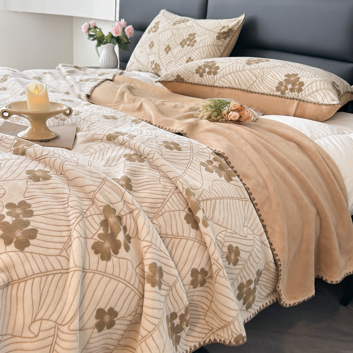 91家纺网 家纺一手货源 找家纺 芙绣家纺 2025新款高克重双层牛奶绒毛毯加厚冬季毛毯四季毯办公室午休毯牛奶绒床单 清新叶语-咖