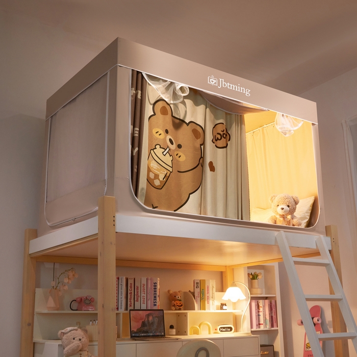 91家纺网 家纺一手货源 找家纺 星际优品 2025新款学生蚊帐遮光床帘植绒环保遮光帘99%遮光-印花款学生蚊帐-一 奶茶熊-米杏