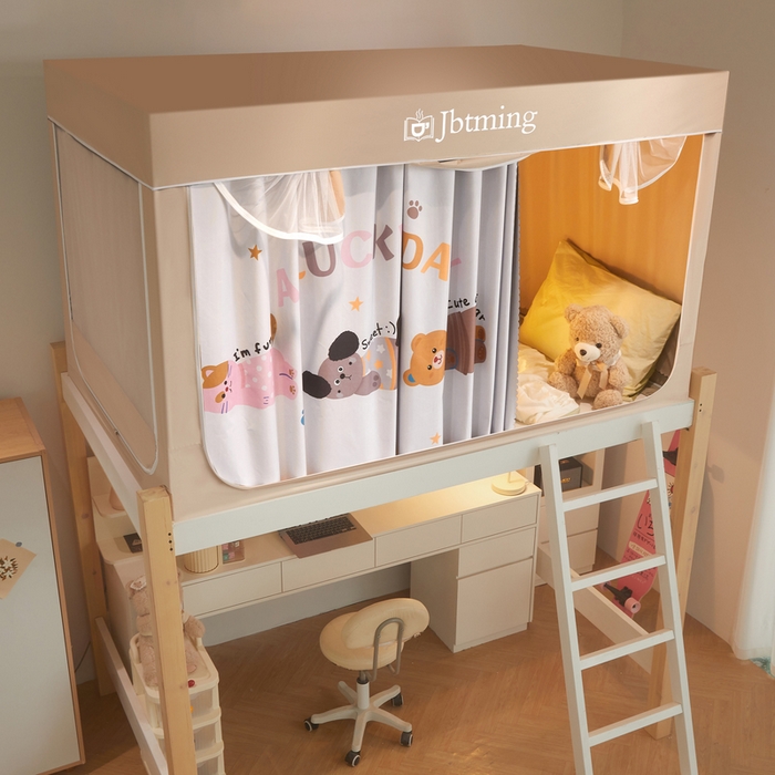 91家纺网 家纺一手货源 找家纺 星际优品 2025新款学生蚊帐遮光床帘植绒环保遮光帘99%遮光-印花款学生蚊帐-一 布丁猫-米杏