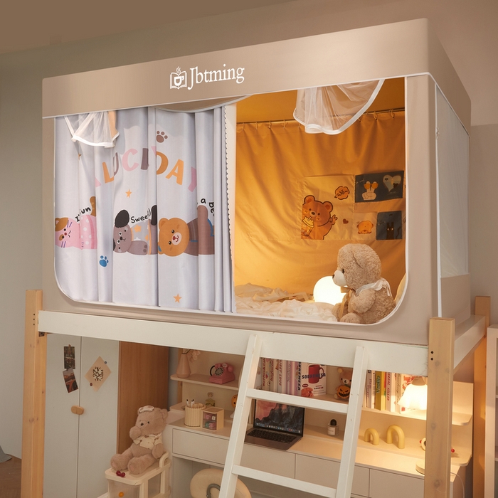 91家纺网 家纺一手货源 找家纺 星际优品 2025新款学生蚊帐遮光床帘植绒环保遮光帘99%遮光-印花款学生蚊帐-一 布丁猫-米杏