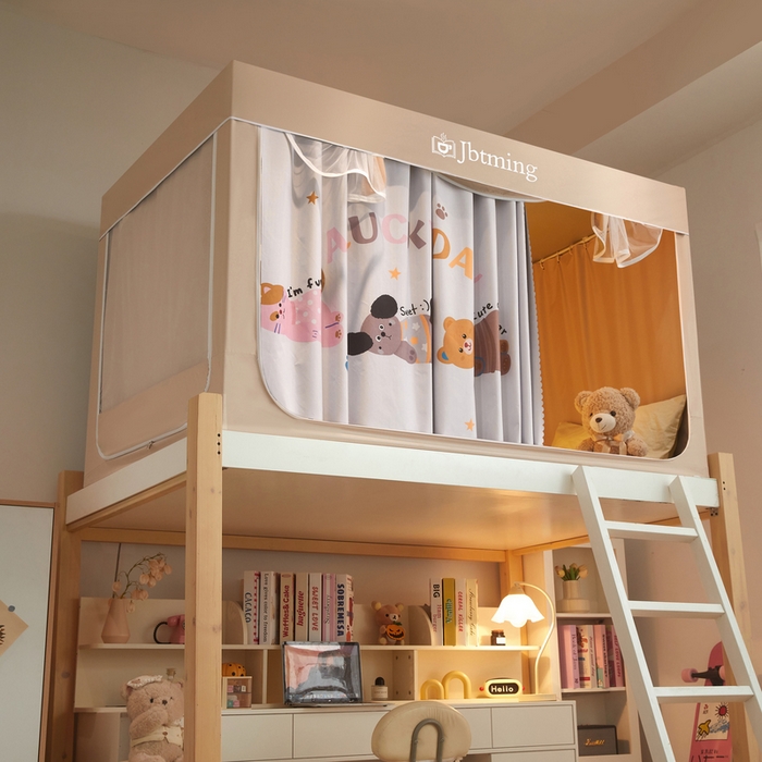 91家纺网 家纺一手货源 找家纺 星际优品 2025新款学生蚊帐遮光床帘植绒环保遮光帘99%遮光-印花款学生蚊帐-一 布丁猫-米杏