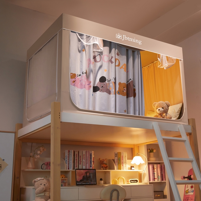 91家纺网 家纺一手货源 找家纺 星际优品 2025新款学生蚊帐遮光床帘植绒环保遮光帘99%遮光-印花款学生蚊帐-一 布丁猫-米杏