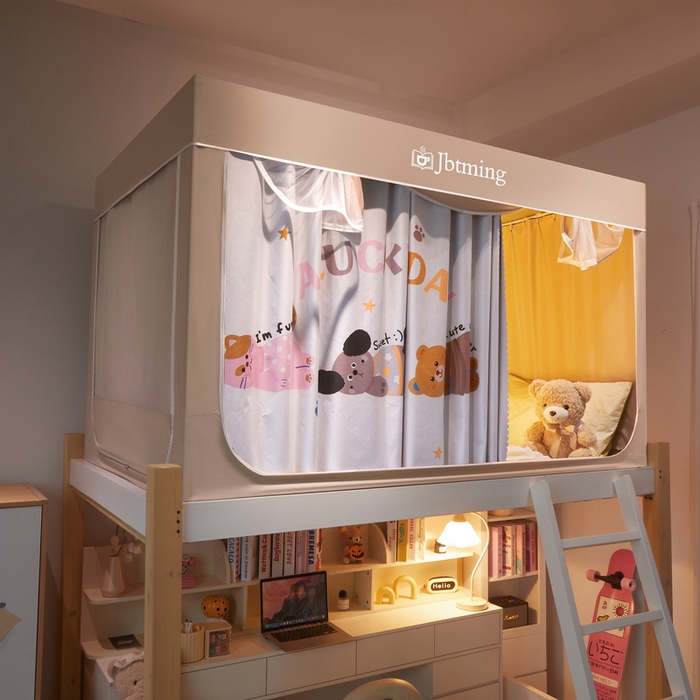 91家纺网 家纺一手货源 找家纺 星际优品 2025新款学生蚊帐遮光床帘植绒环保遮光帘99%遮光-印花款学生蚊帐-一 布丁猫-米杏