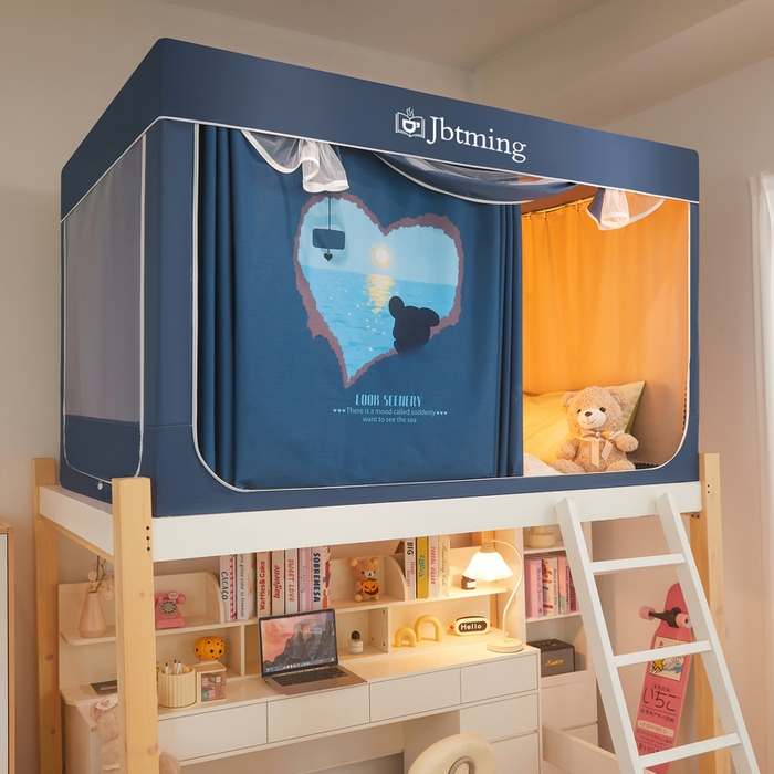 91家纺网 家纺一手货源 找家纺 星际优品 2025新款学生蚊帐遮光床帘植绒环保遮光帘99%遮光-印花款学生蚊帐-一 海洋心愿-藏青