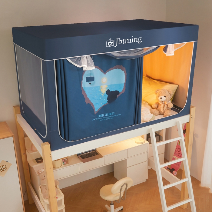 91家纺网 家纺一手货源 找家纺 星际优品 2025新款学生蚊帐遮光床帘植绒环保遮光帘99%遮光-印花款学生蚊帐-一 海洋心愿-藏青