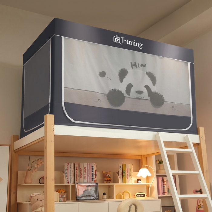 91家纺网 家纺一手货源 找家纺 星际优品 2025新款学生蚊帐遮光床帘植绒环保遮光帘99%遮光-印花款学生蚊帐-一 憨憨熊猫-灰