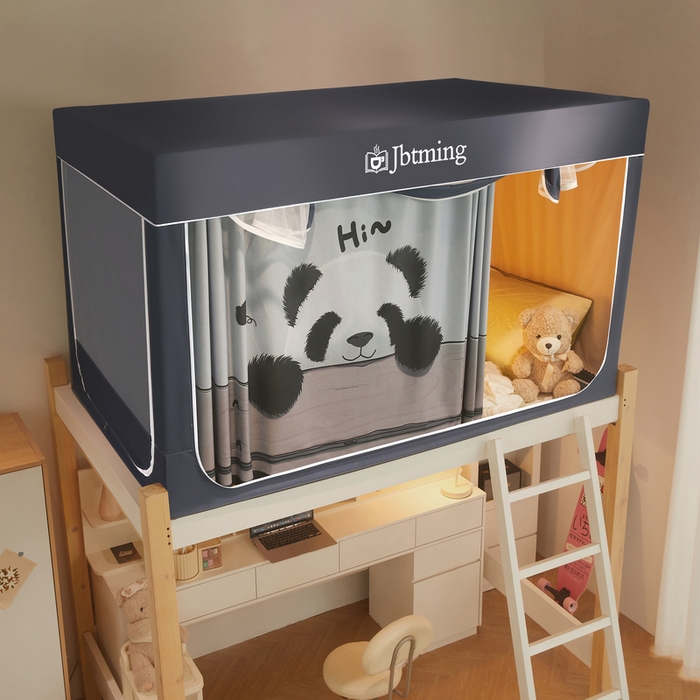 91家纺网 家纺一手货源 找家纺 星际优品 2025新款学生蚊帐遮光床帘植绒环保遮光帘99%遮光-印花款学生蚊帐-一 憨憨熊猫-灰