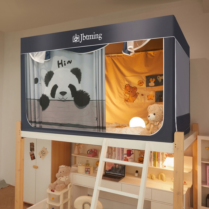 91家纺网 家纺一手货源 找家纺 星际优品 2025新款学生蚊帐遮光床帘植绒环保遮光帘99%遮光-印花款学生蚊帐-一 憨憨熊猫-灰