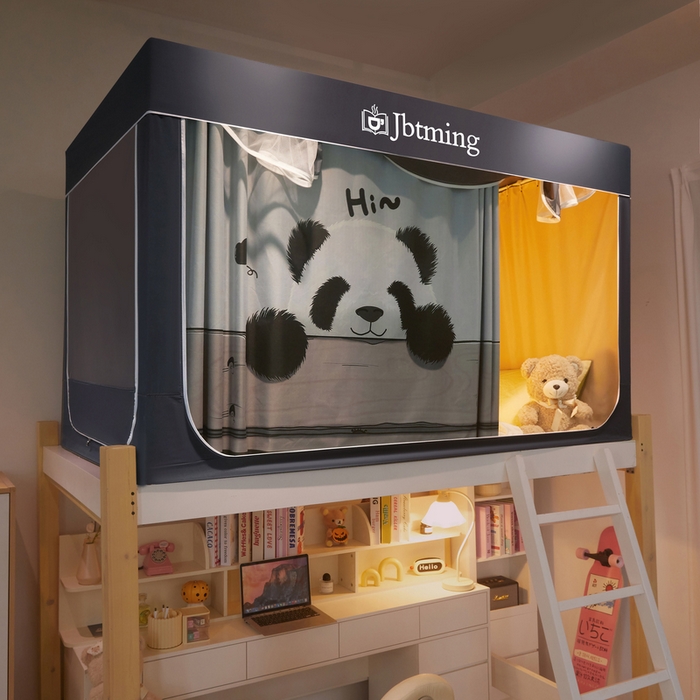 91家纺网 家纺一手货源 找家纺 星际优品 2025新款学生蚊帐遮光床帘植绒环保遮光帘99%遮光-印花款学生蚊帐-一 憨憨熊猫-灰