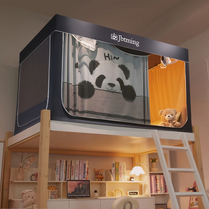 91家纺网 家纺一手货源 找家纺 星际优品 2025新款学生蚊帐遮光床帘植绒环保遮光帘99%遮光-印花款学生蚊帐-一 憨憨熊猫-灰