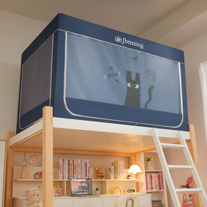 91家纺网 家纺一手货源 找家纺 星际优品 2025新款学生蚊帐遮光床帘植绒环保遮光帘99%遮光-印花款学生蚊帐-一 黑猫-藏青