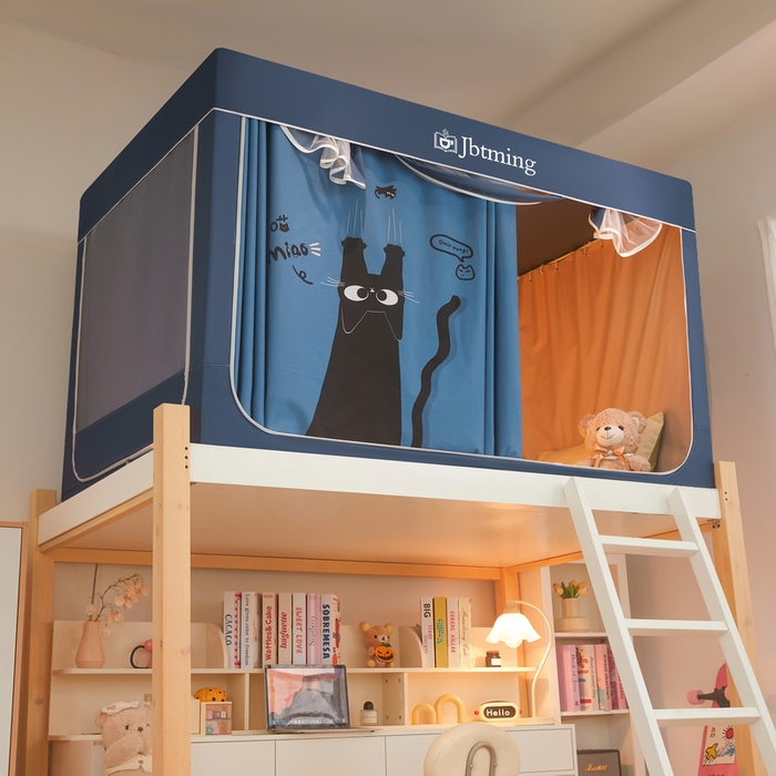 91家纺网 家纺一手货源 找家纺 星际优品 2025新款学生蚊帐遮光床帘植绒环保遮光帘99%遮光-印花款学生蚊帐-一 黑猫-藏青