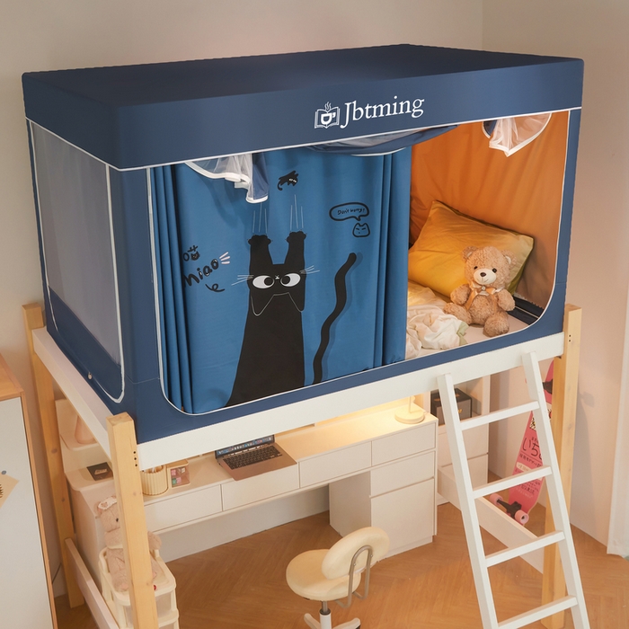 91家纺网 家纺一手货源 找家纺 星际优品 2025新款学生蚊帐遮光床帘植绒环保遮光帘99%遮光-印花款学生蚊帐-一 黑猫-藏青