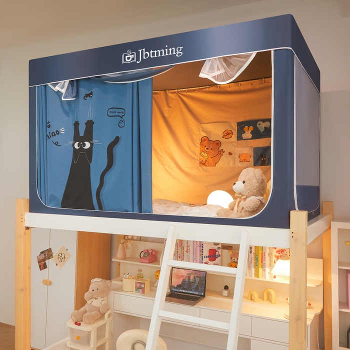 91家纺网 家纺一手货源 找家纺 星际优品 2025新款学生蚊帐遮光床帘植绒环保遮光帘99%遮光-印花款学生蚊帐-一 黑猫-藏青