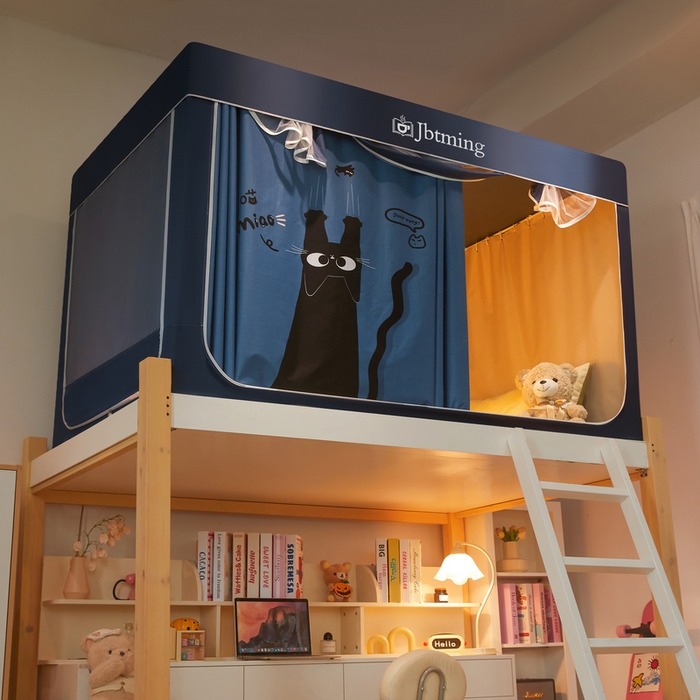 91家纺网 家纺一手货源 找家纺 星际优品 2025新款学生蚊帐遮光床帘植绒环保遮光帘99%遮光-印花款学生蚊帐-一 黑猫-藏青