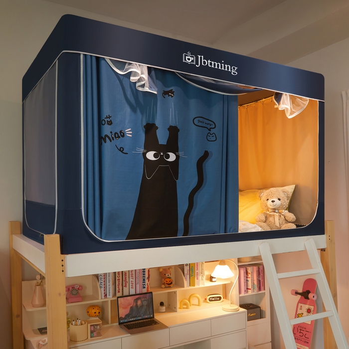 91家纺网 家纺一手货源 找家纺 星际优品 2025新款学生蚊帐遮光床帘植绒环保遮光帘99%遮光-印花款学生蚊帐-一 黑猫-藏青