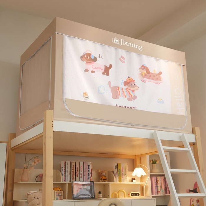 91家纺网 家纺一手货源 找家纺 星际优品 2025新款学生蚊帐遮光床帘植绒环保遮光帘99%遮光-印花款学生蚊帐-一 拉长狗-米杏