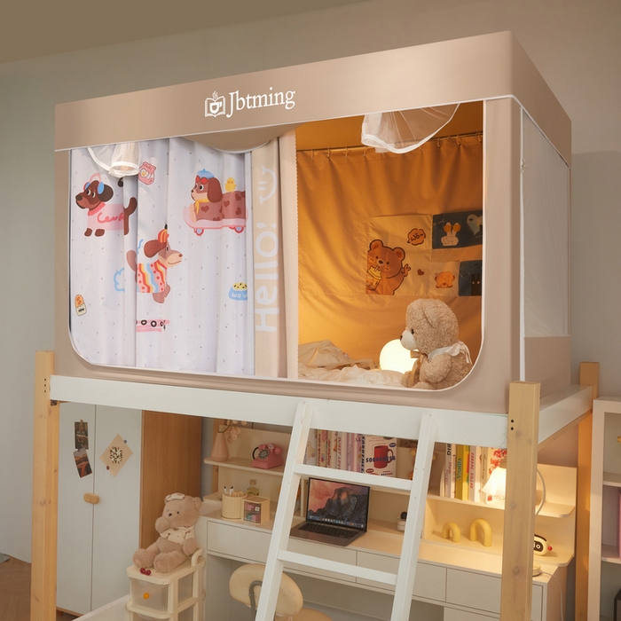 91家纺网 家纺一手货源 找家纺 星际优品 2025新款学生蚊帐遮光床帘植绒环保遮光帘99%遮光-印花款学生蚊帐-一 拉长狗-米杏